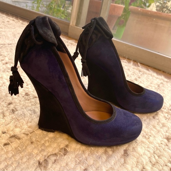 Women Tabitha Simmons Rich Navy Suede Wedge Pumps, Size 6.5